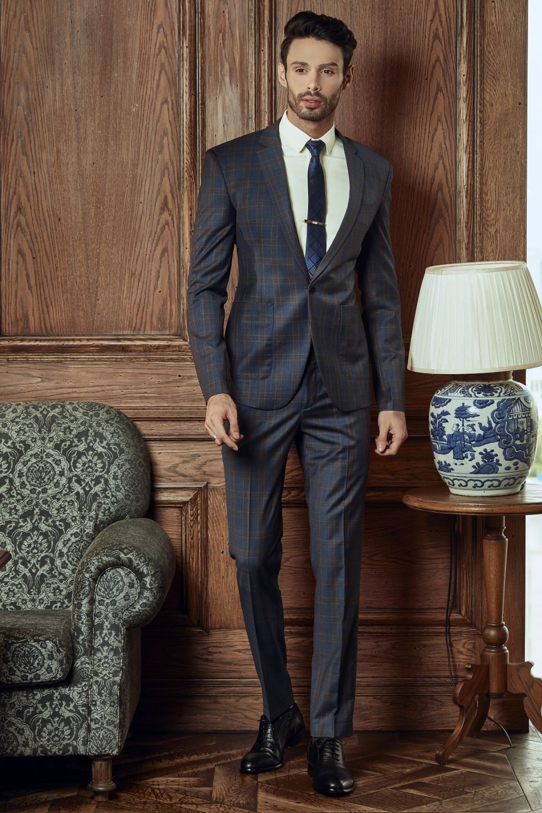 Brown Plaid On Fossil Blue Suit 